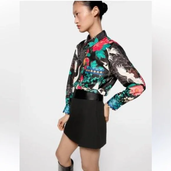 Zara Flowy Blouse with Floral And Crane Print Size XS Excellent Condition! - Picture 4 of 14